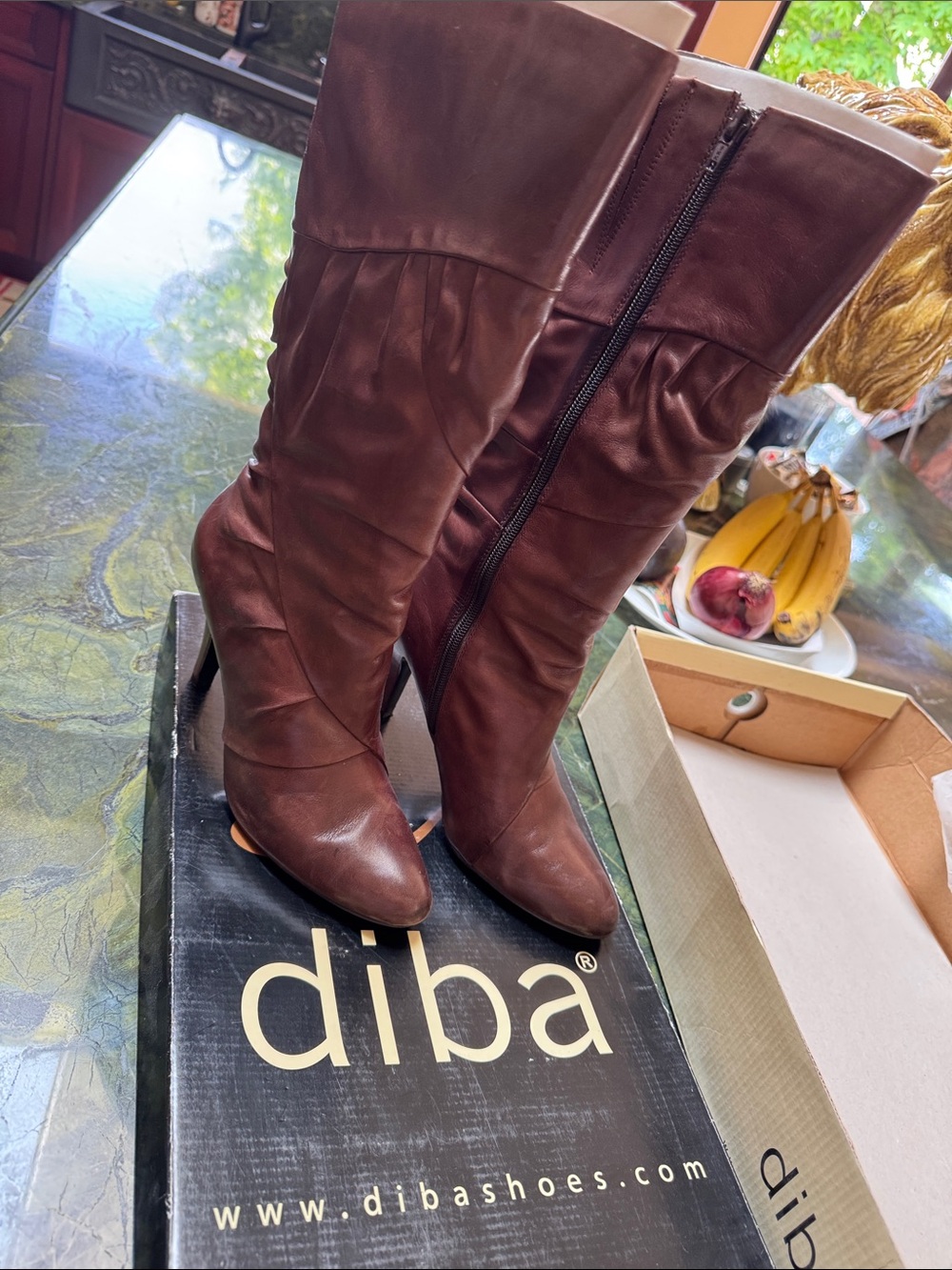 Diba Sawyer Zanzibar/ Wind brown ruched leather stiletto boots in original box.